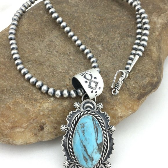 Navajo Sterling Silver Blue Necklace Pendant Ln 20 - Picture 4 of 12